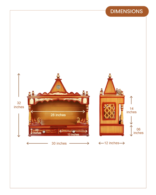 SukhatMan Large Wall Mount Pooja Mandir without Door (Teak Gold) dimensions