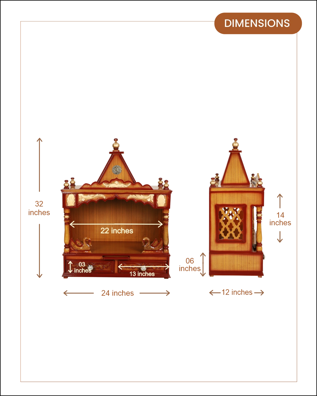 SukhatMan Medium Wall Mount Pooja Mandir without Door (Teak Gold) dimensions