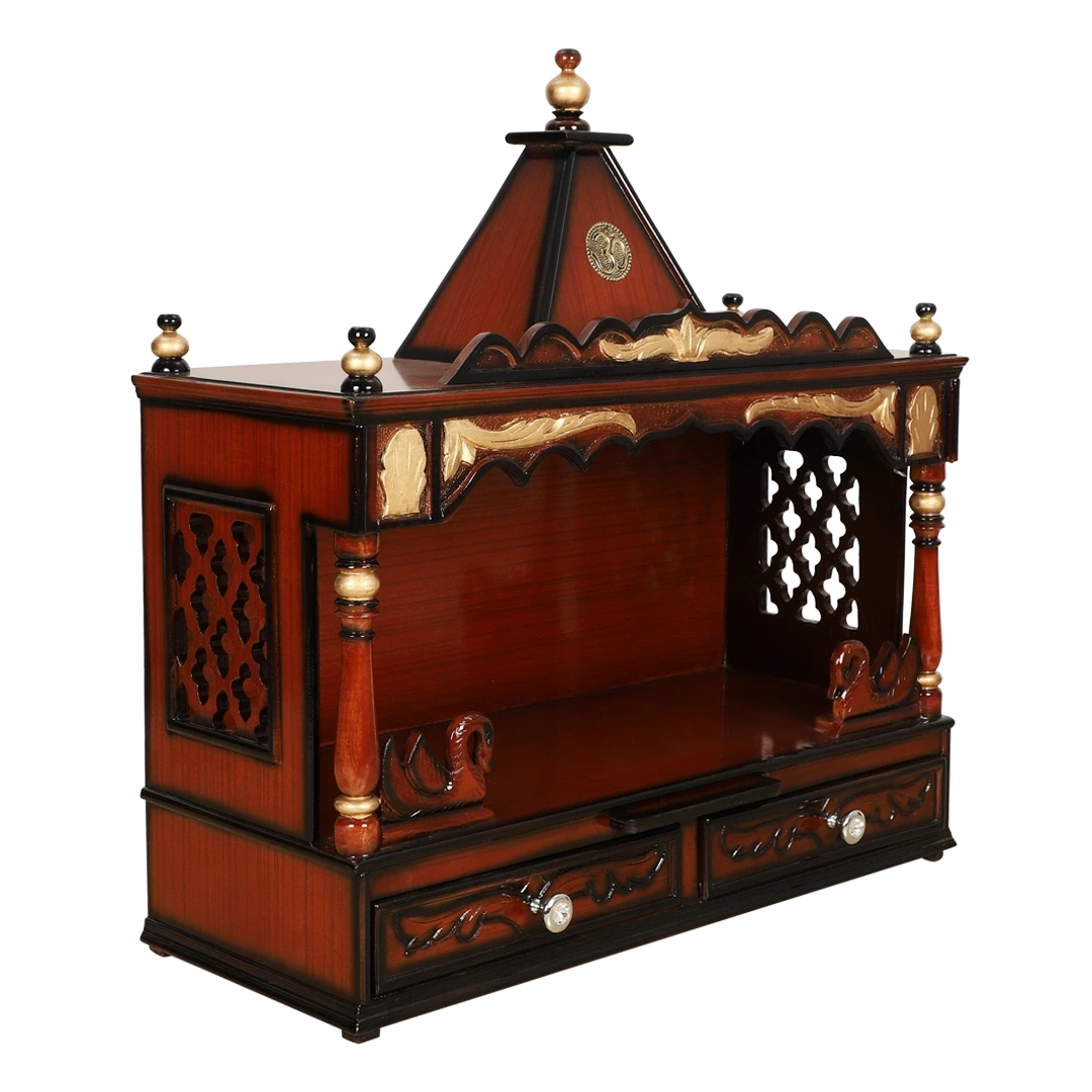 SukhatMan Large Wall Mount Pooja Mandir/Wooden temple for home in Brown Gold color 45° side view