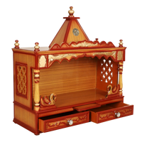 SukhatMan Large Wall Mount Pooja Mandir/Wooden temple for home in Teak Gold color 45° side view open drawer