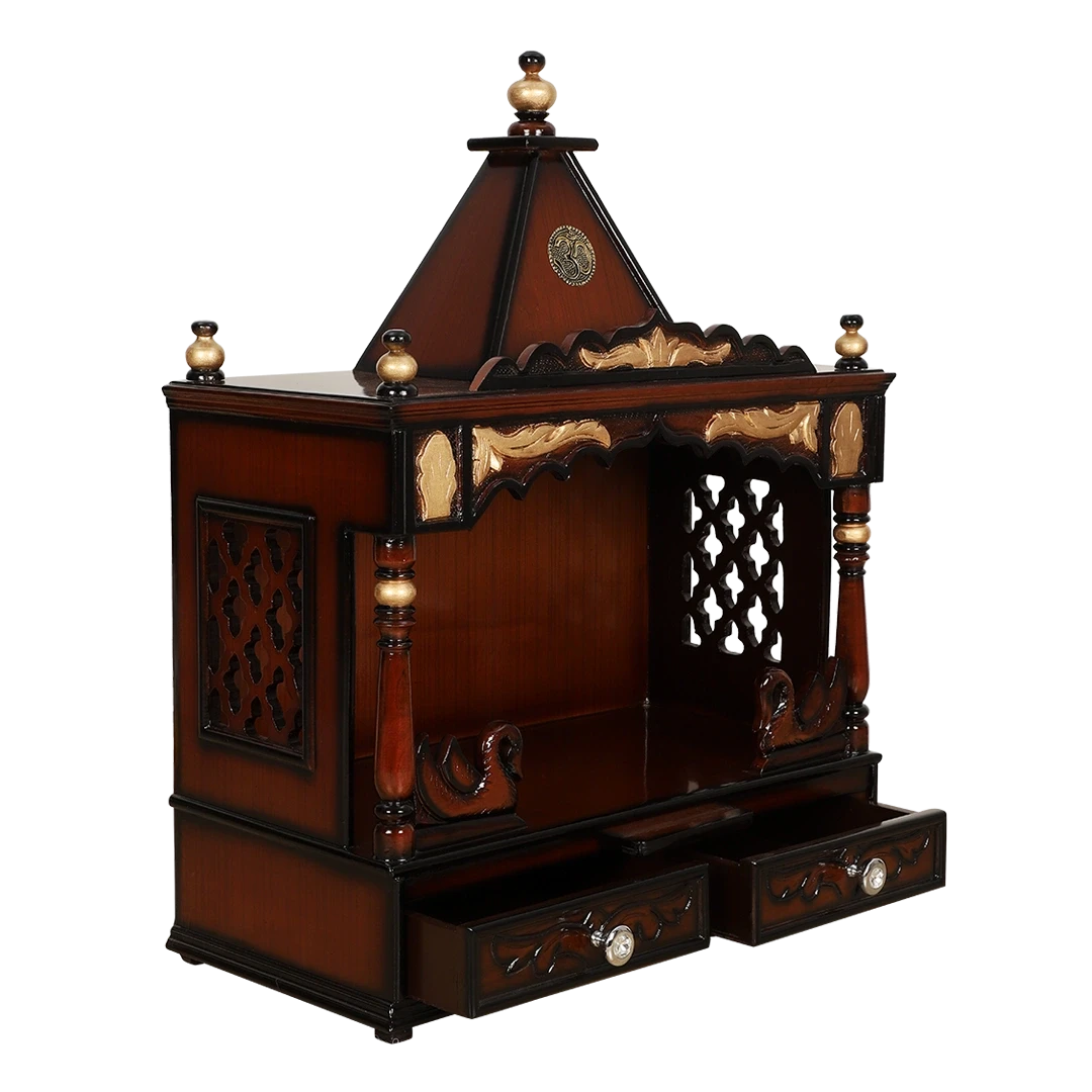 SukhatMan Medium Wall Mount Pooja Mandir/Wooden temple for home in Brown Gold color 45° side view open drawers