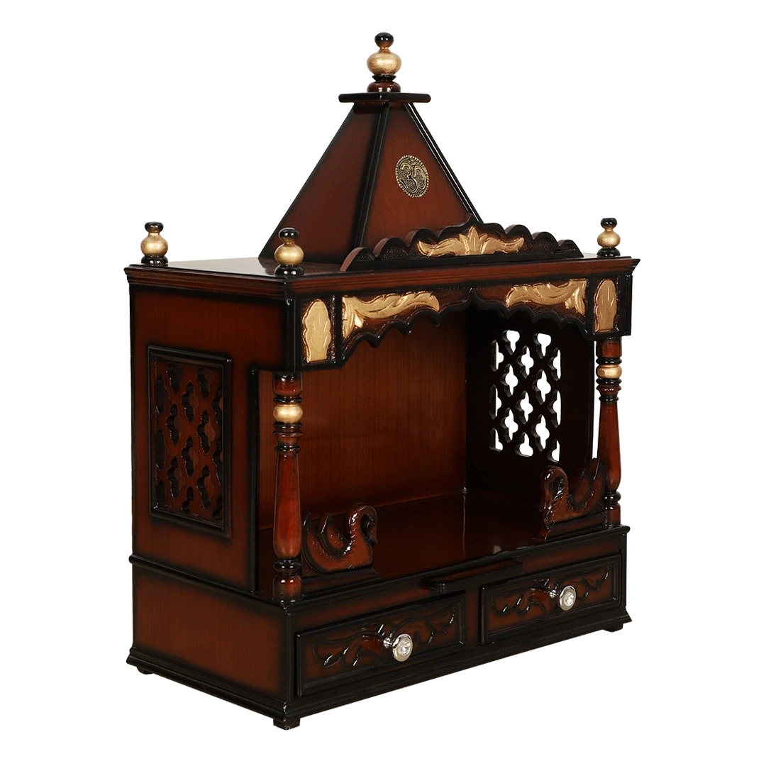 SukhatMan Medium Wall Mount Pooja Mandir/Wooden temple for home in Brown Gold color 45° side view