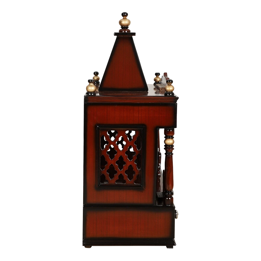 SukhatMan Medium Wall Mount Pooja Mandir/Wooden temple for home in Brown Gold color side view featuring jali design and Pillars