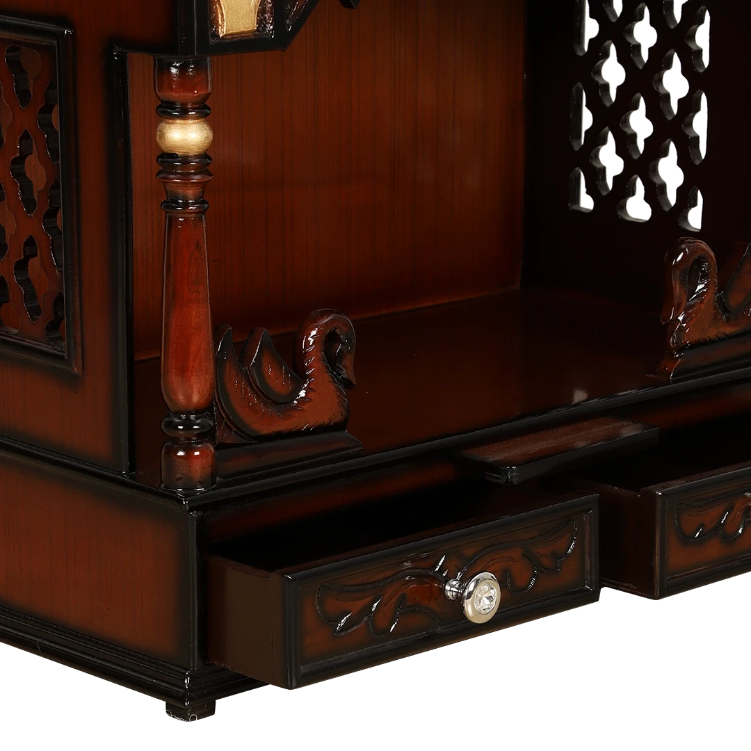 SukhatMan Medium Wall Mount Pooja Mandir/Wooden temple for home in Brown Gold color zoom view open drawers