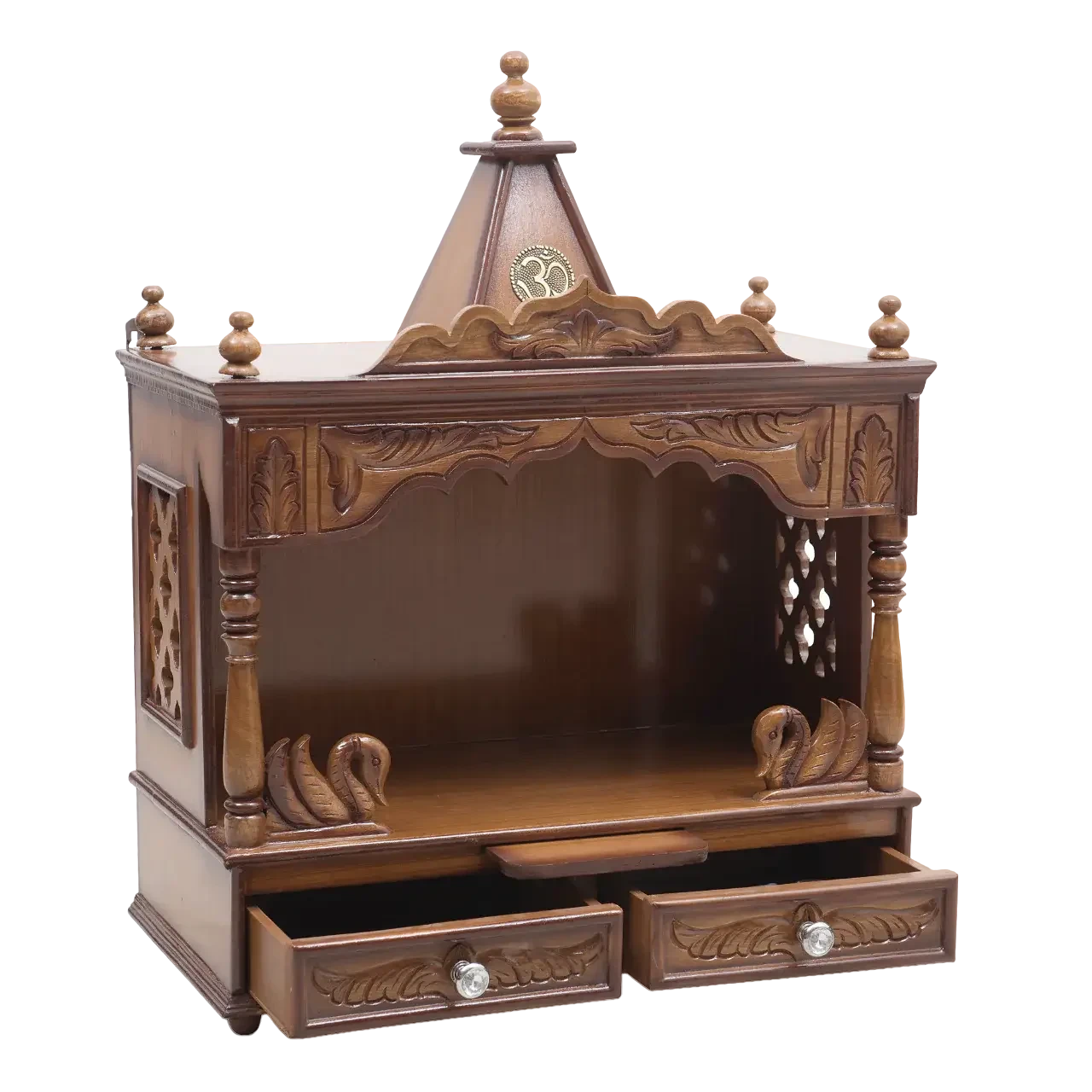 SukhatMan Medium Wall Mount Pooja Mandir/Wooden temple in Teak Color 45° side view open drawers