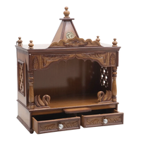 SukhatMan Medium Wall Mount Pooja Mandir/Wooden temple in Teak Color 45° side view open drawers