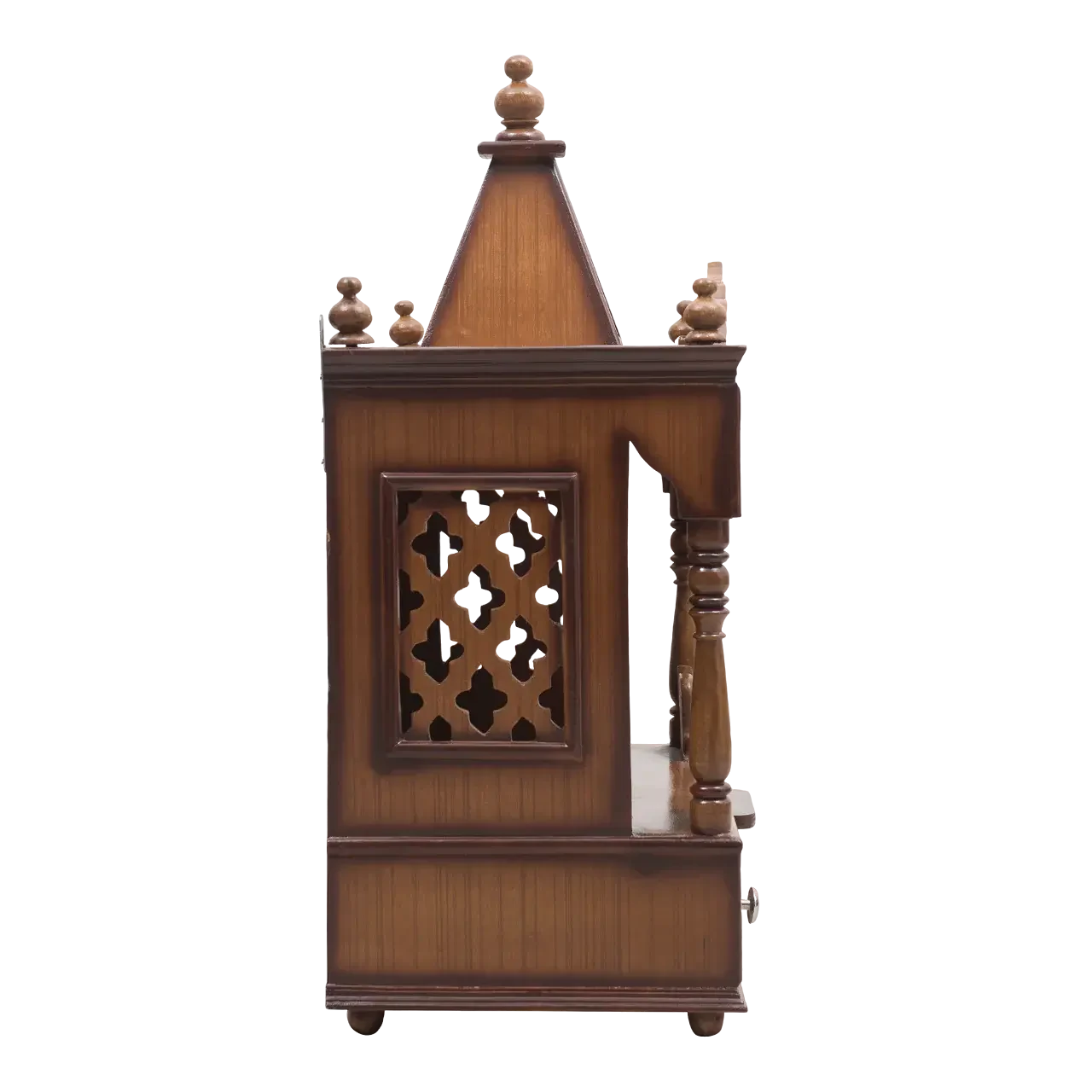 SukhatMan Medium Wall Mount Pooja Mandir/Wooden temple in Teak Color side view featuring jali design and Pillars