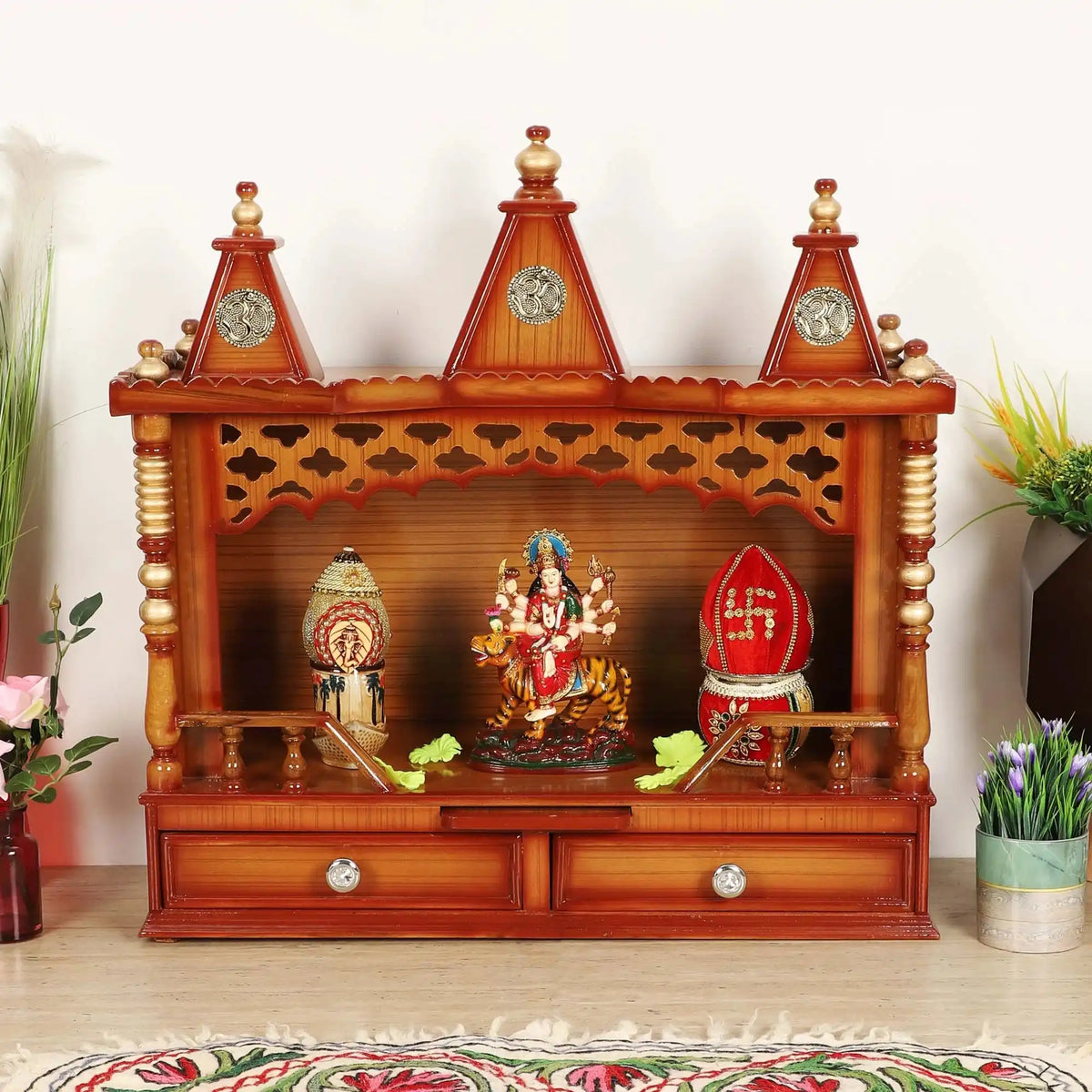 Sunanda Bhawan Medium Wall Mount Pooja Mandir without Door (Teak Gold) lifestyle view