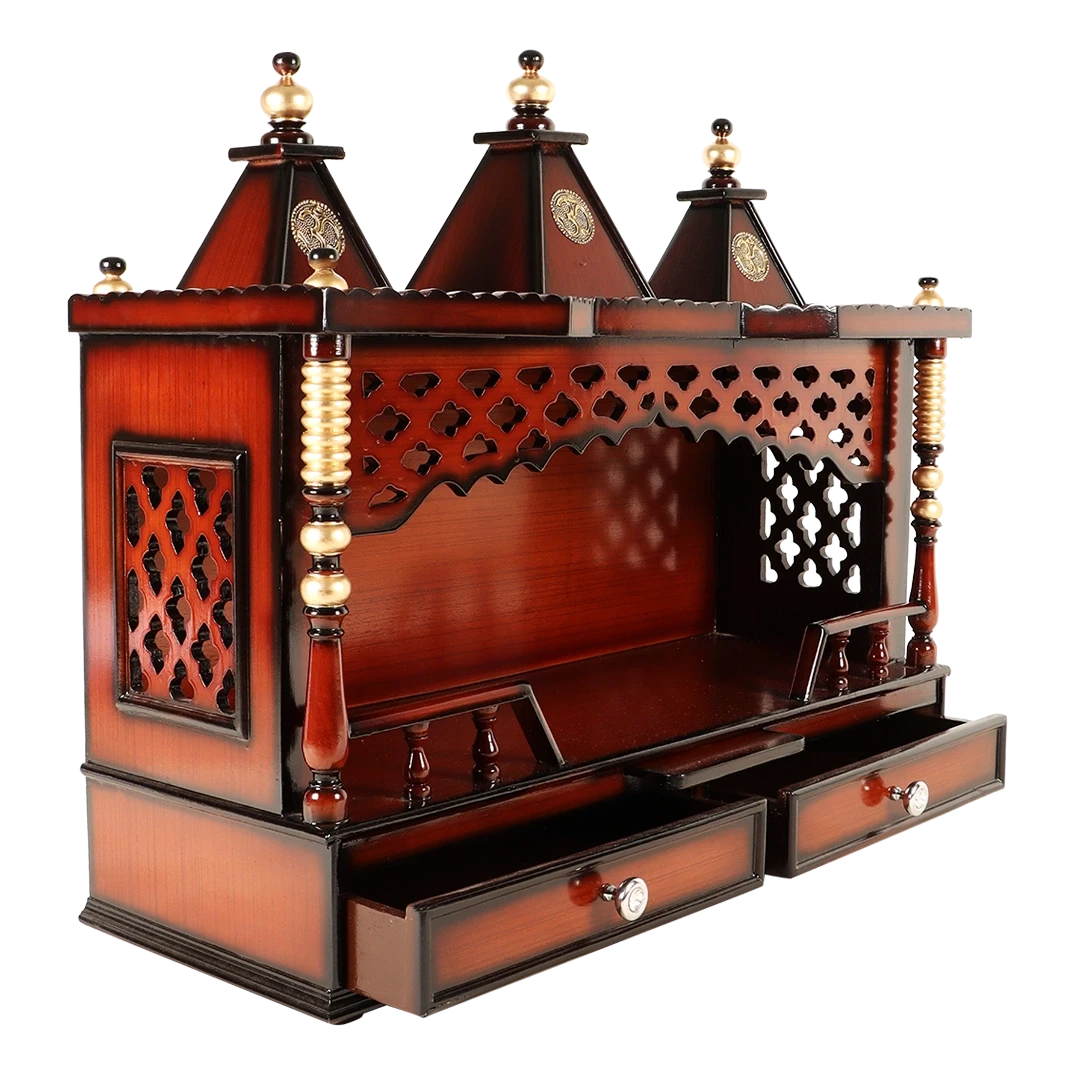 Sunanda Bhawan Large Wall Mount Pooja Mandir/Wooden temple for home in Brown Gold color 45° side view open drawers