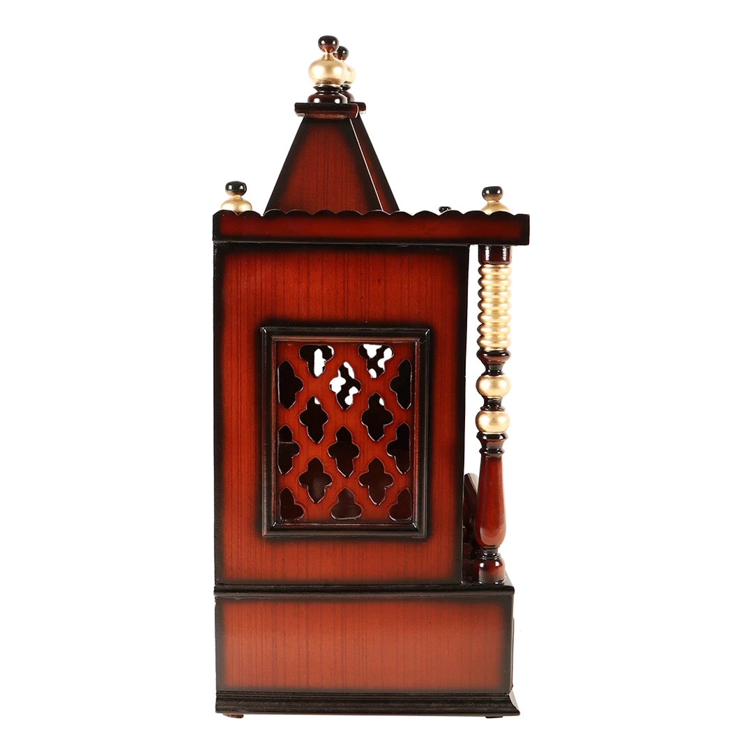Sunanda Bhawan Large Wall Mount Pooja Mandir/Wooden temple for home in Brown Gold color side view featuring jali design and Pillars