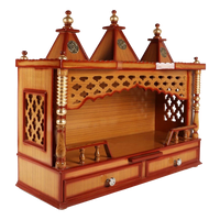 Sunanda Bhawan Large Wall Mount Pooja Mandir/Wooden temple for home in Teak Gold color 45° side view