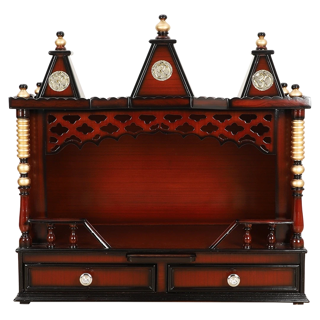 Sunanda Bhawan Medium Wall Mount Pooja Mandir/Wooden temple for home in Brown Gold color front view
