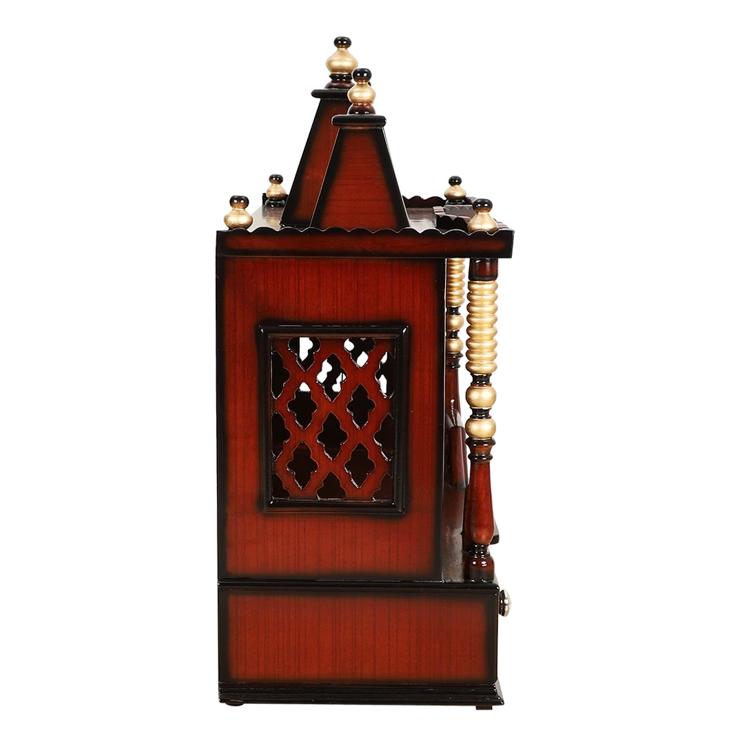 Sunanda Bhawan Medium Wall Mount Pooja Mandir/Wooden temple for home in Brown Gold color side view featuring jali design and Pillars