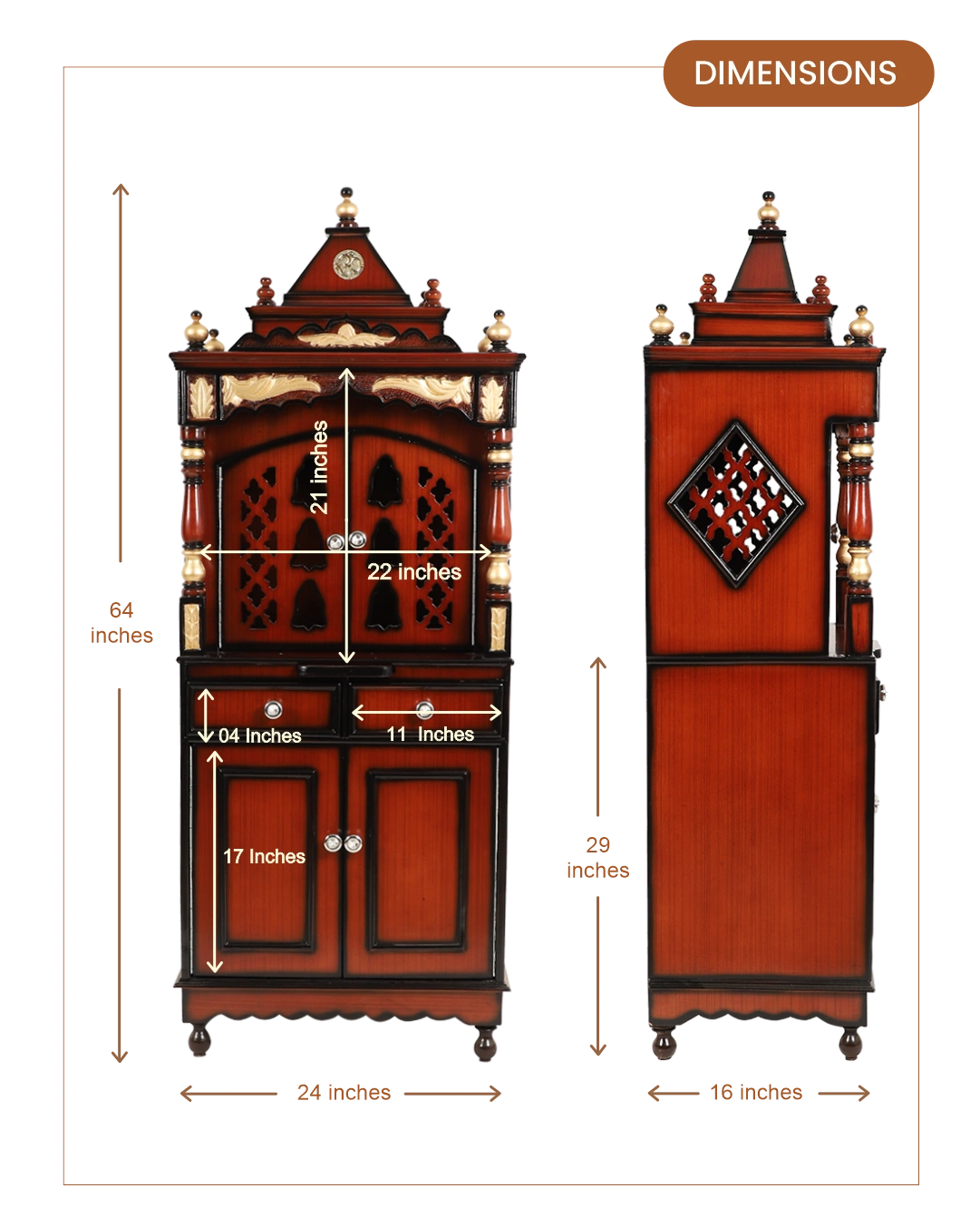 Suramya Floor Rested Pooja Mandap with Door (Brown Gold) dimensions
