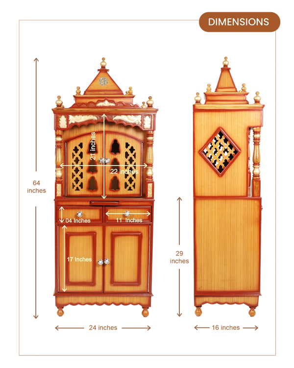 Suramya Floor Rested Pooja Mandap with Door (Teak Gold) dimensions