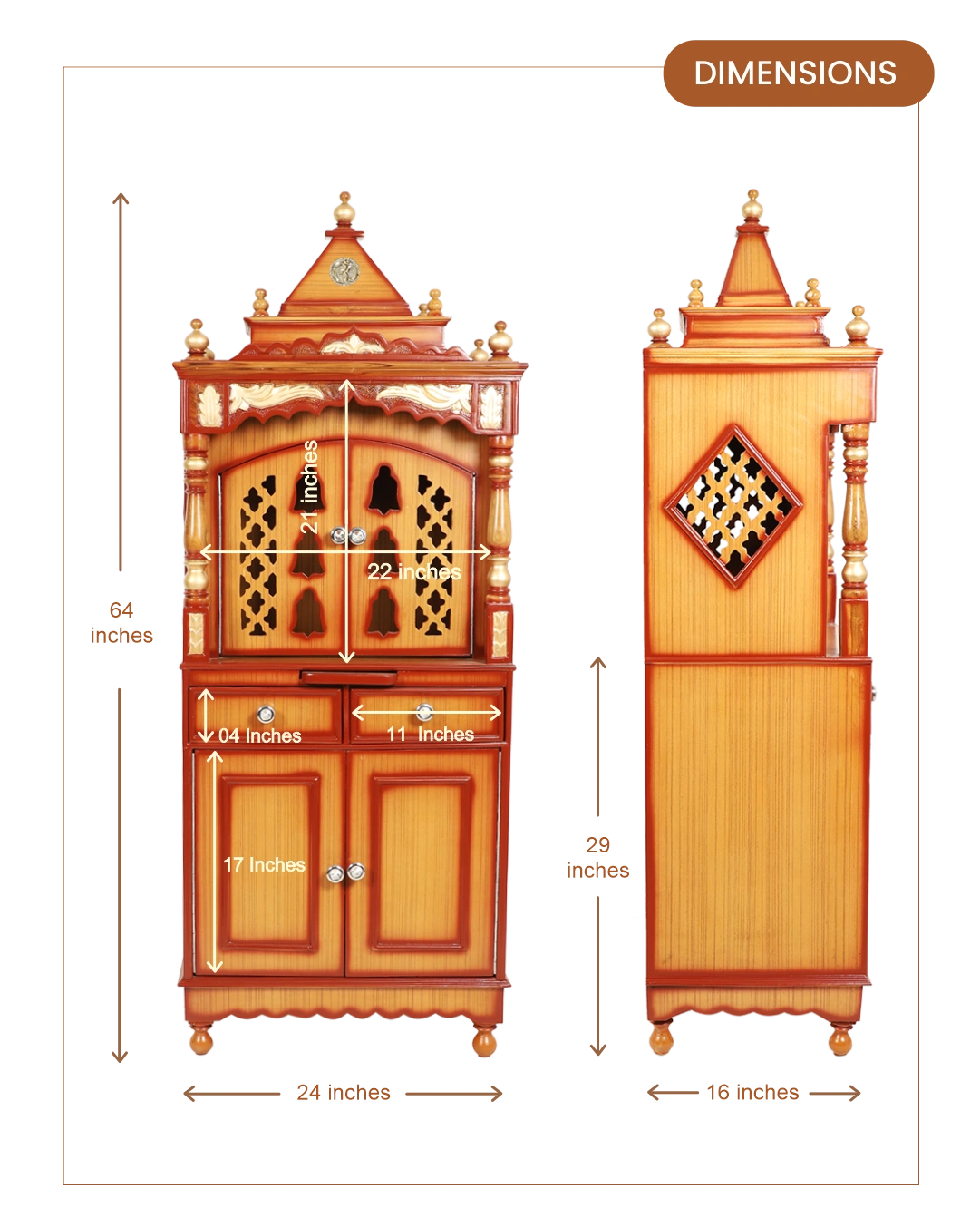 Suramya Floor Rested Pooja Mandap with Door (Teak Gold) dimensions