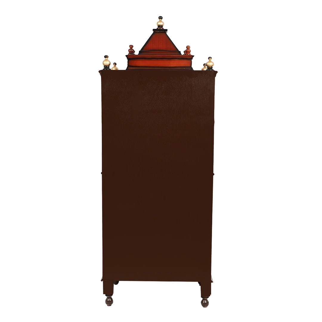 Suramya Floor Rested Pooja Mandir/Wooden temple with doors for home in Brown Gold color back view