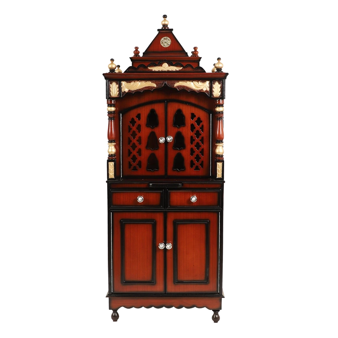 Suramya Floor Rested Pooja Mandir/Wooden temple with doors for home in Brown Gold color front view