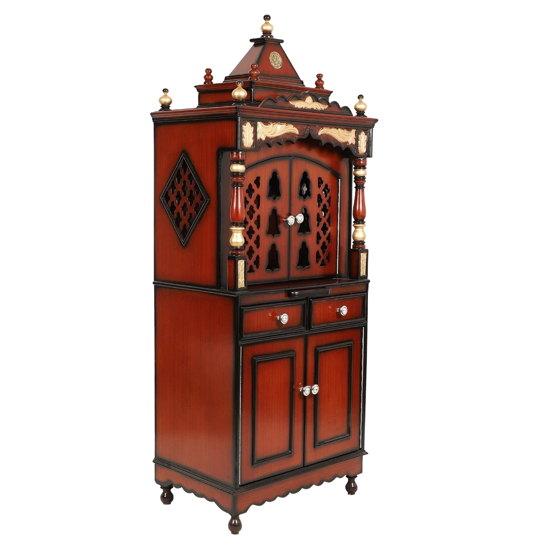 Suramya Floor Rested Pooja Mandir/Wooden temple with doors for home in Brown Gold color 45° side view