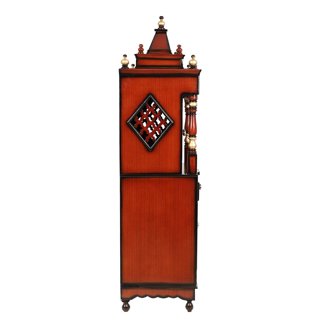 Suramya Floor Rested Pooja Mandir/Wooden temple with doors for home in Brown Gold color side view featuring jali design and Pillars