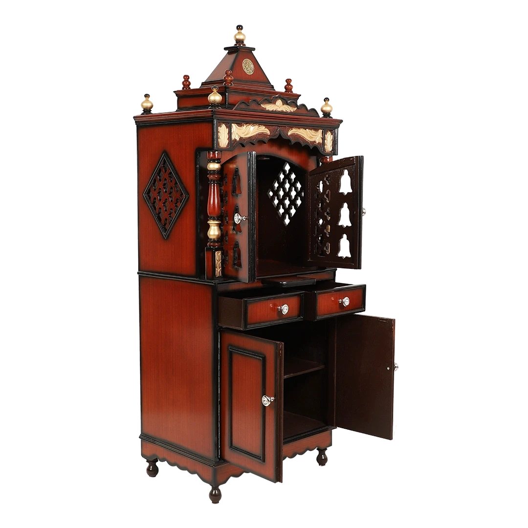 Suramya Floor Rested Pooja Mandir/Wooden temple with doors for home in Brown Gold color 45° side view open drawers