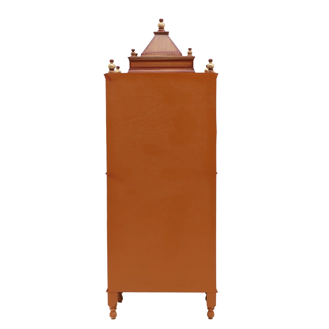 Suramya Floor Rested Pooja Mandir without Door/Wooden temple for home in Teak Gold color back view