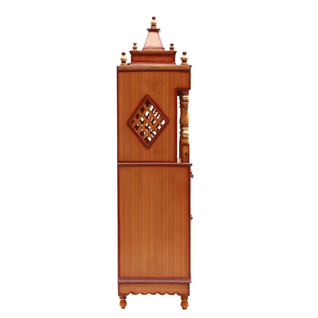 Suramya Floor Rested Pooja Mandir without Door/Wooden temple for home in Teak Gold color side view featuring jali design and Pillars