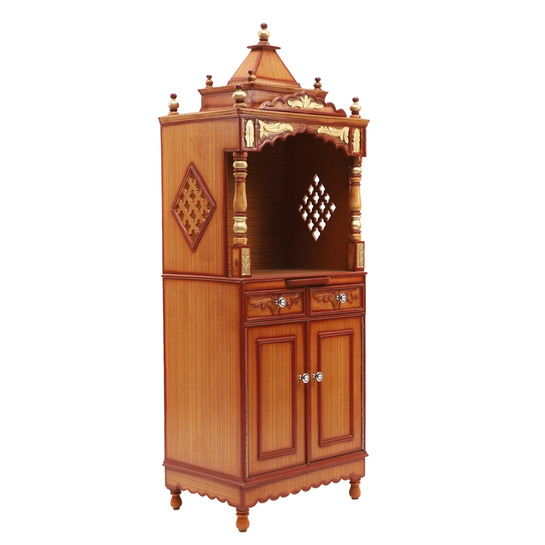 Suramya Floor Rested Pooja Mandir without Door/Wooden temple for home in Teak Gold color 45° side view
