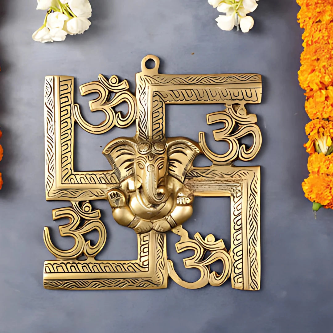 Swastik Ganesha Brass Wall Hanging with Om Symbols lifestyle view