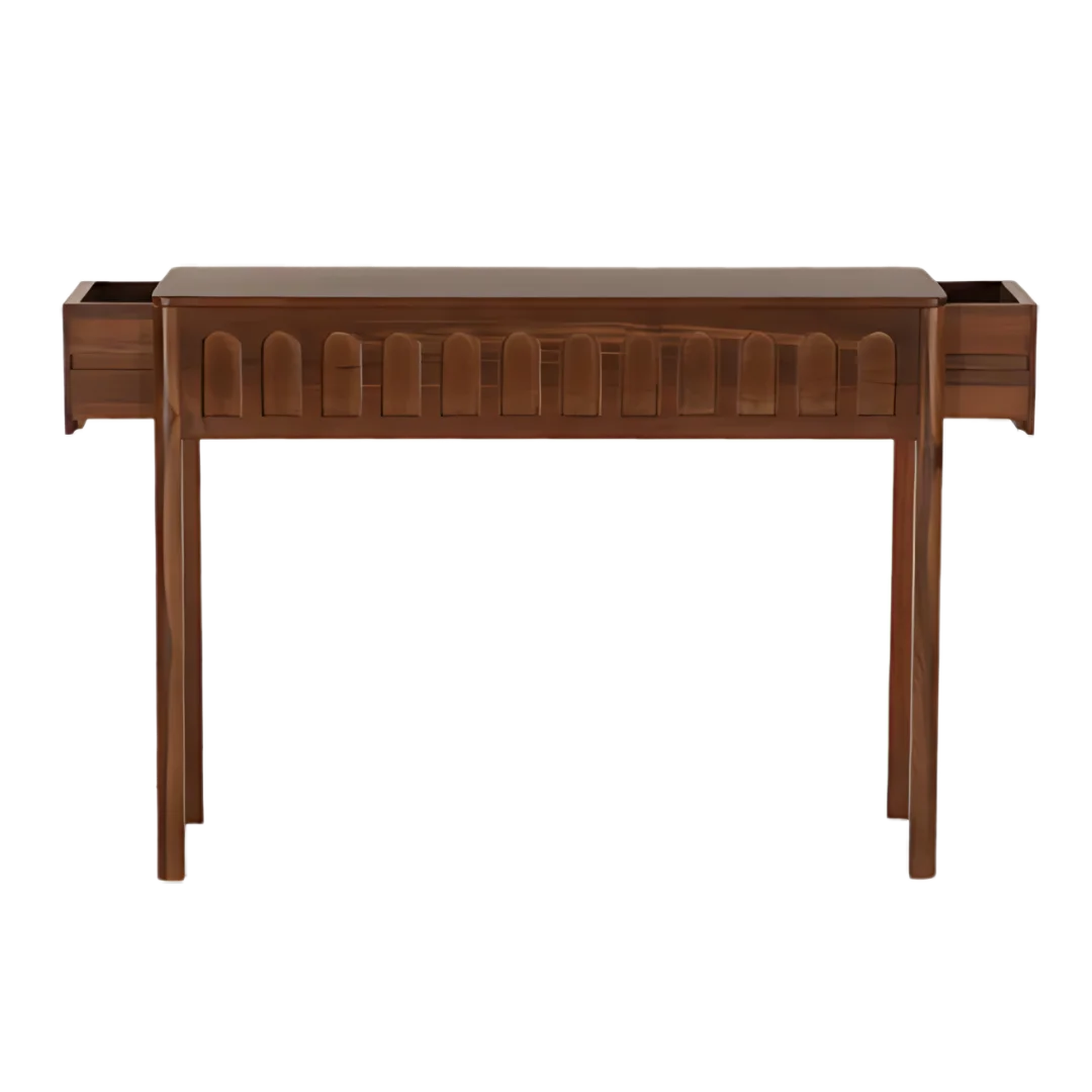 Taksha Solid Wood Console Table (Teak) Open Drawer Front View