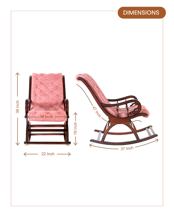 Touffy Fabric Upholstered Teak Wood Rocking Chair (Brown Burgundy) dimensions