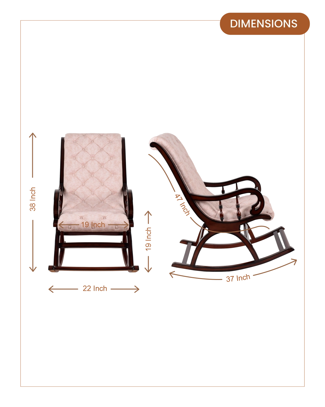 Touffy Fabric Upholstered Teak Wood Rocking Chair (Brown Ivory dimensions