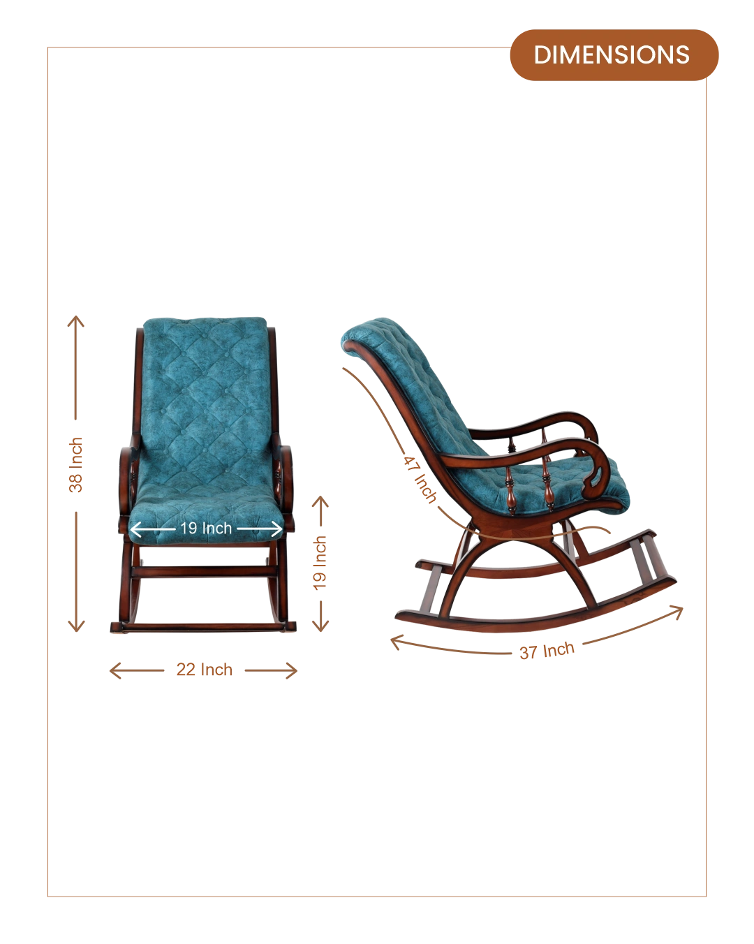 Touffy Fabric Upholstered Teak Wood Rocking Chair (Brown Turquoise) dimensions