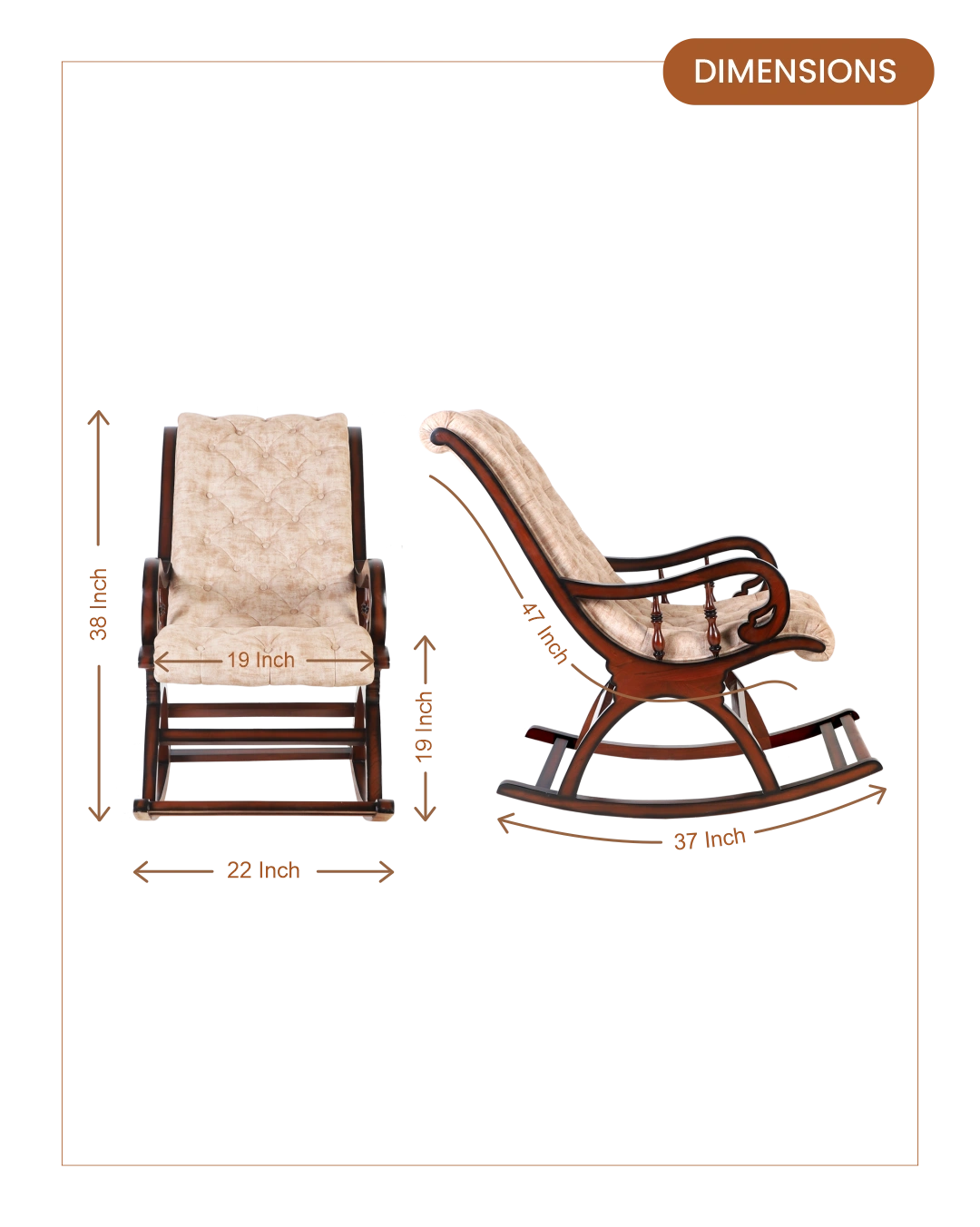 Touffy Fabric Upholstered Teak Wood Rocking Chair (Mahogany) dimensions