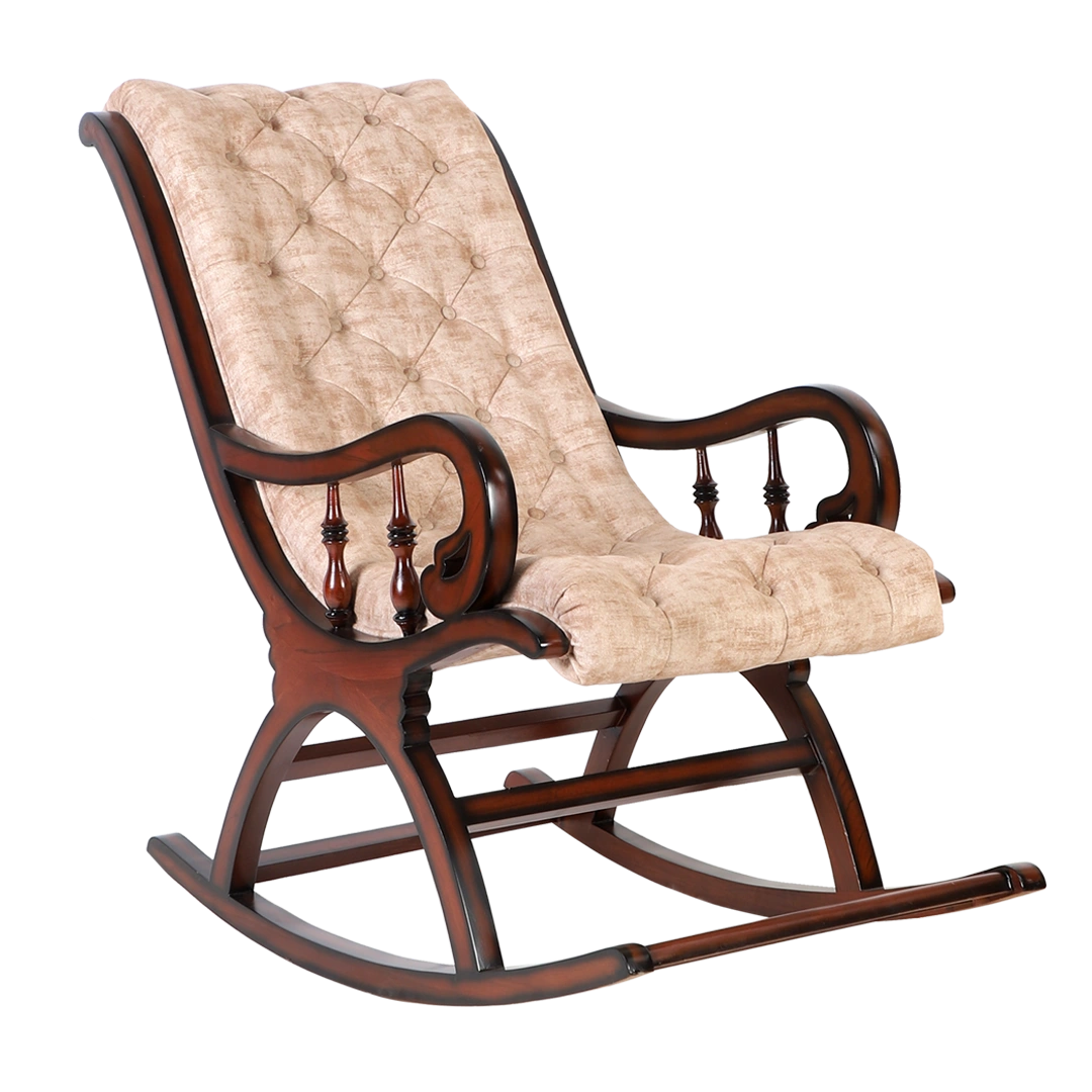 Touffy Fabric Upholstered Teak Wood Rocking Chair (Mahogany) side angle