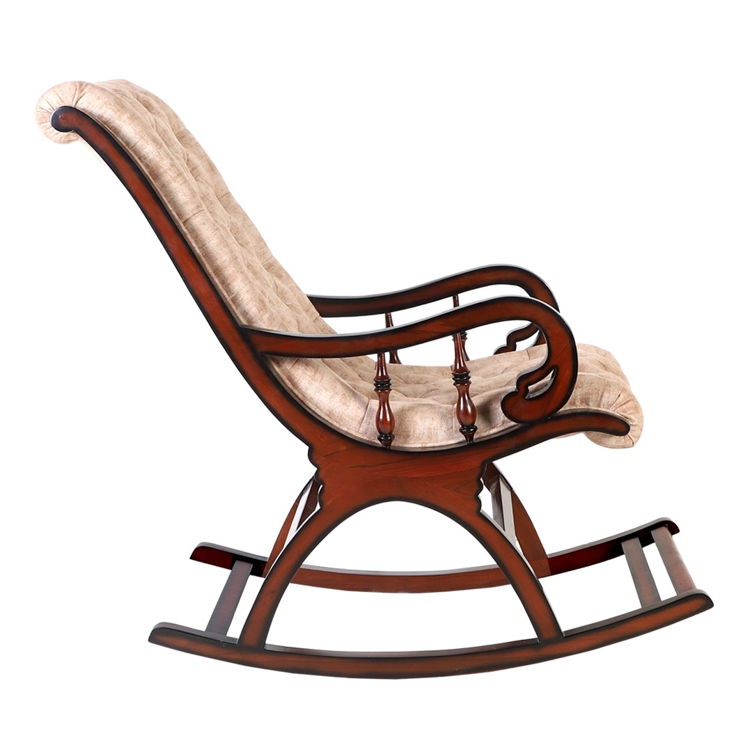 Touffy Fabric Upholstered Teak Wood Rocking Chair (Mahogany) side view