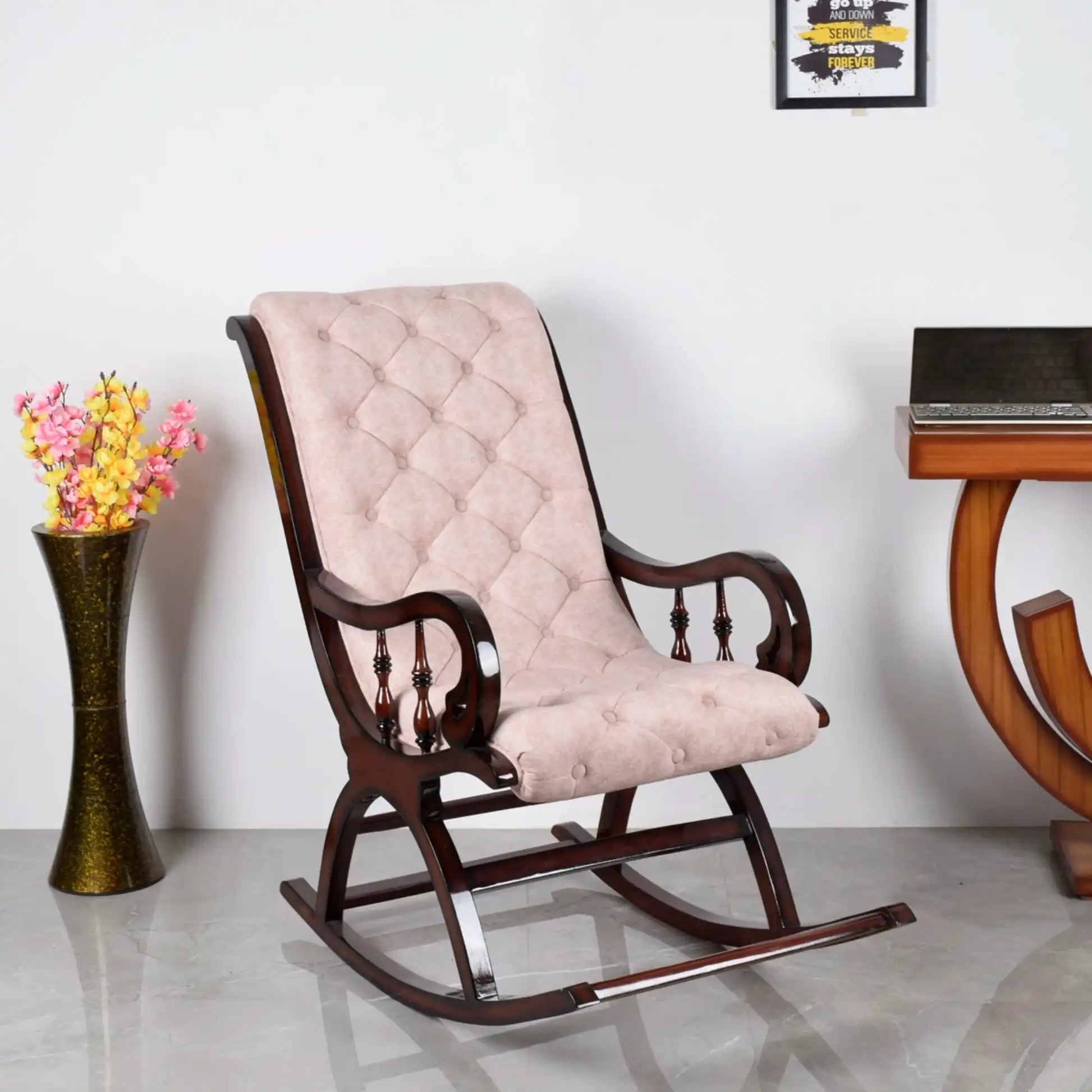 Touffy Fabric Upholstered Teak Wood Rocking Chair (Brown Ivory lifestyel view