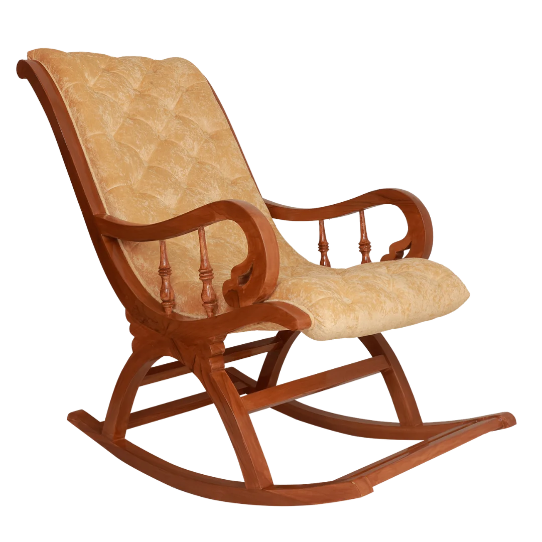 Touffy Fabric Upholstered Teak Wood Rocking Chair (Teak-Gold) side view