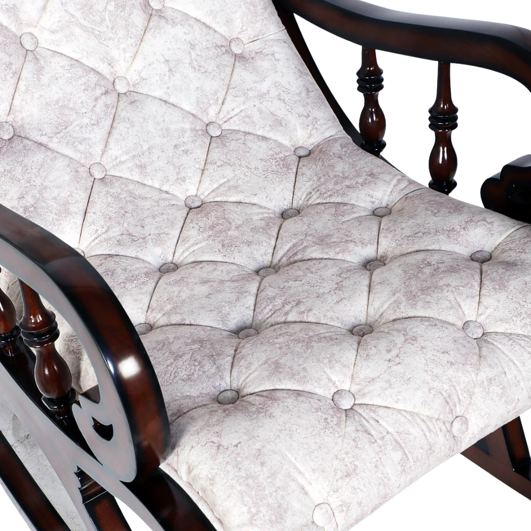 Touffy Fabric Upholstered Teak Wood Rocking Chair Zoom View(Mahogany Beige)