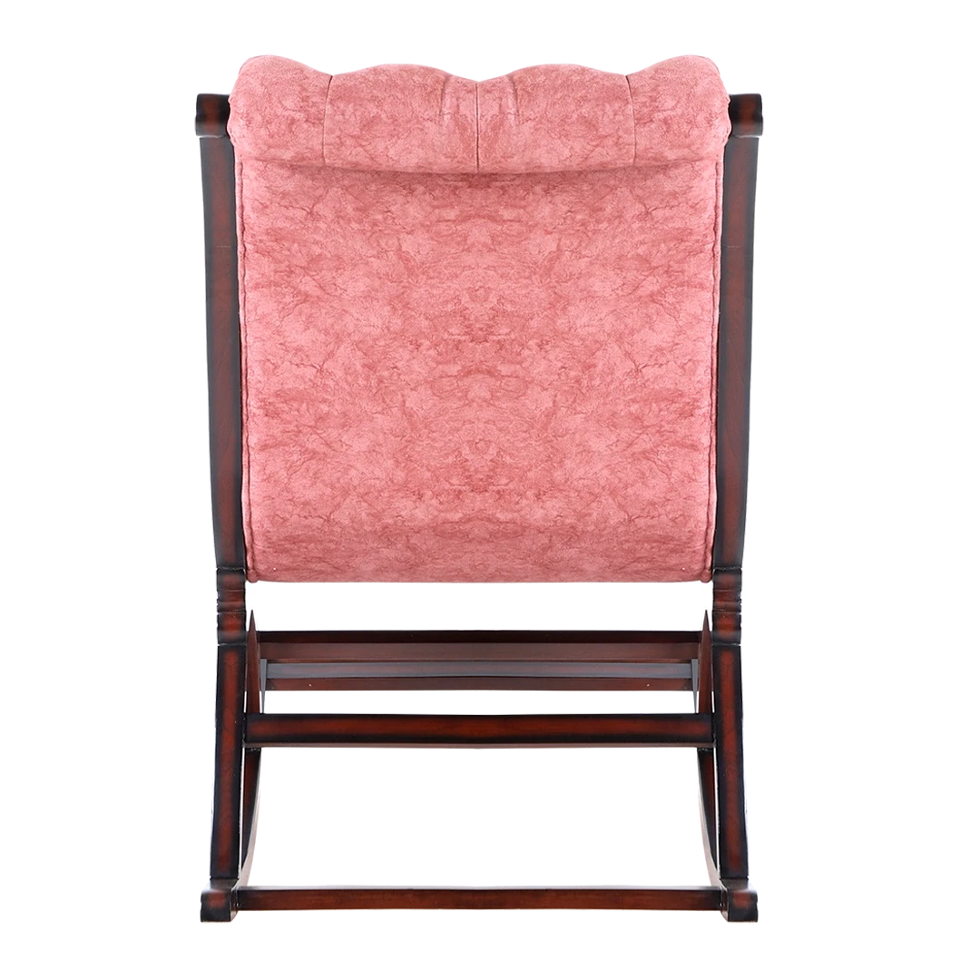Touffy Fabric Upholstered Teak Wood Rocking Chair in Brown Burgundy color back view