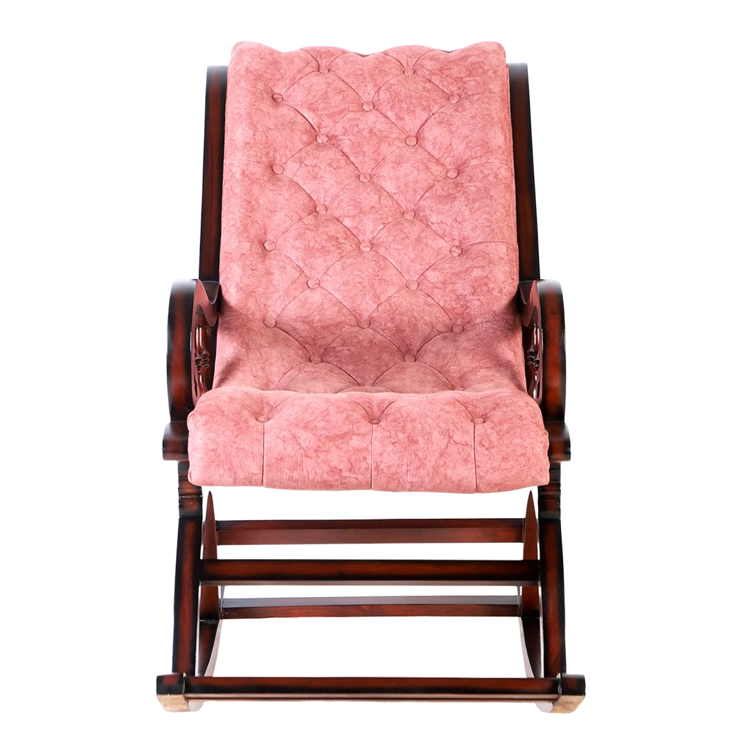 Touffy Fabric Upholstered Teak Wood Rocking Chair in Brown Burgundy color front view