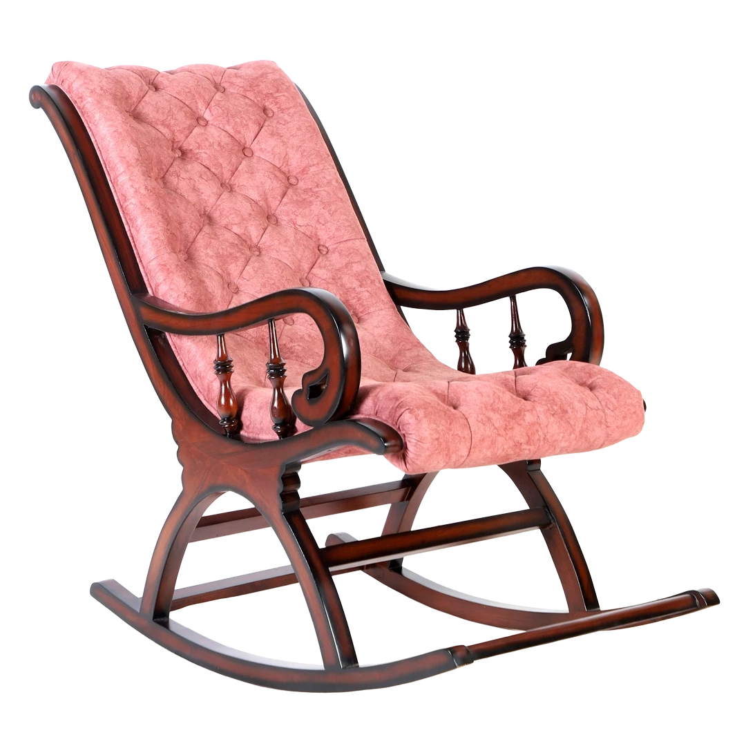 Touffy Fabric Upholstered Teak Wood Rocking Chair in Brown Burgundy color 45° side view