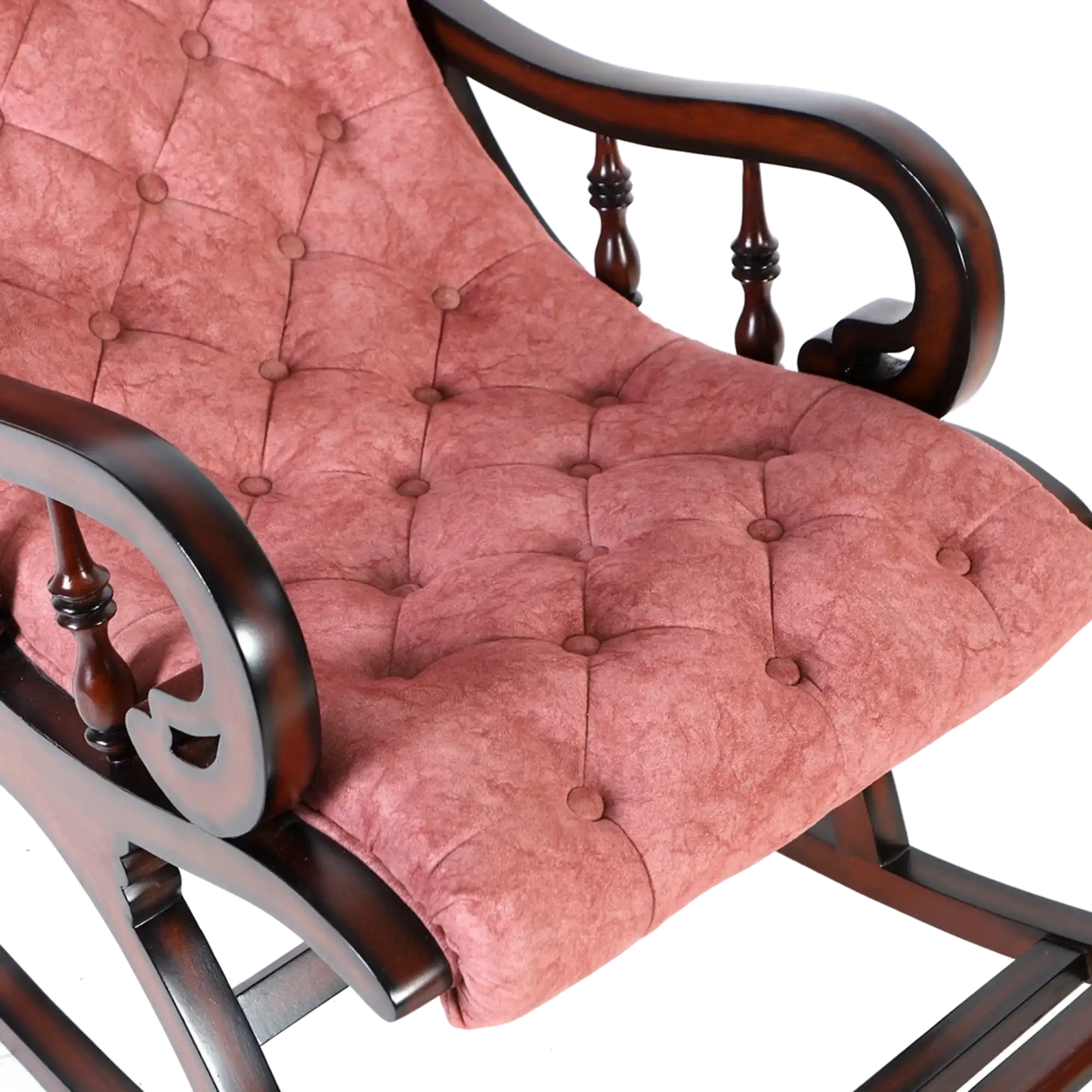 Touffy Fabric Upholstered Teak Wood Rocking Chair in Brown Burgundy color zoom view cushion