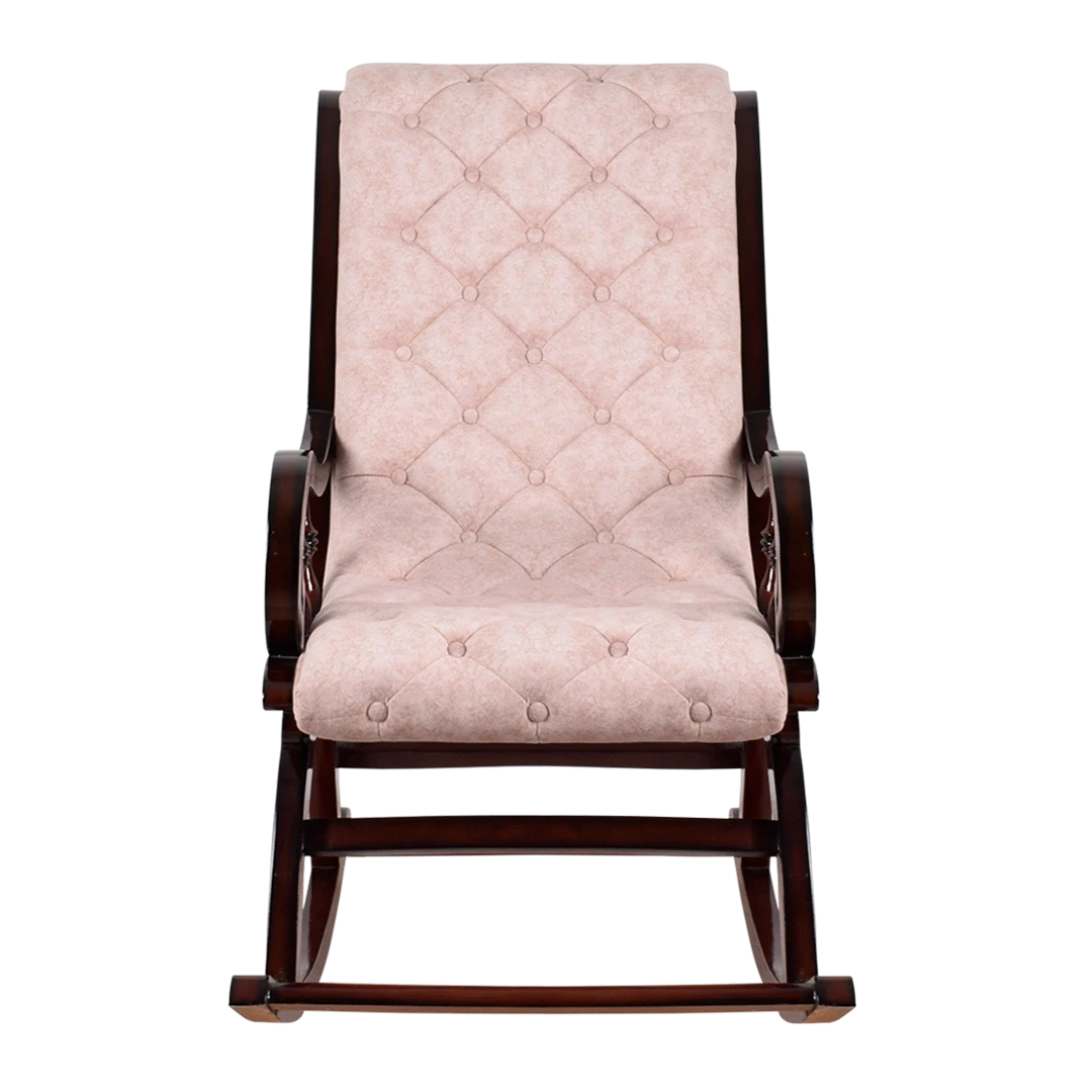 Touffy Fabric Upholstered Teak Wood Rocking Chair in Brown Ivory color front view