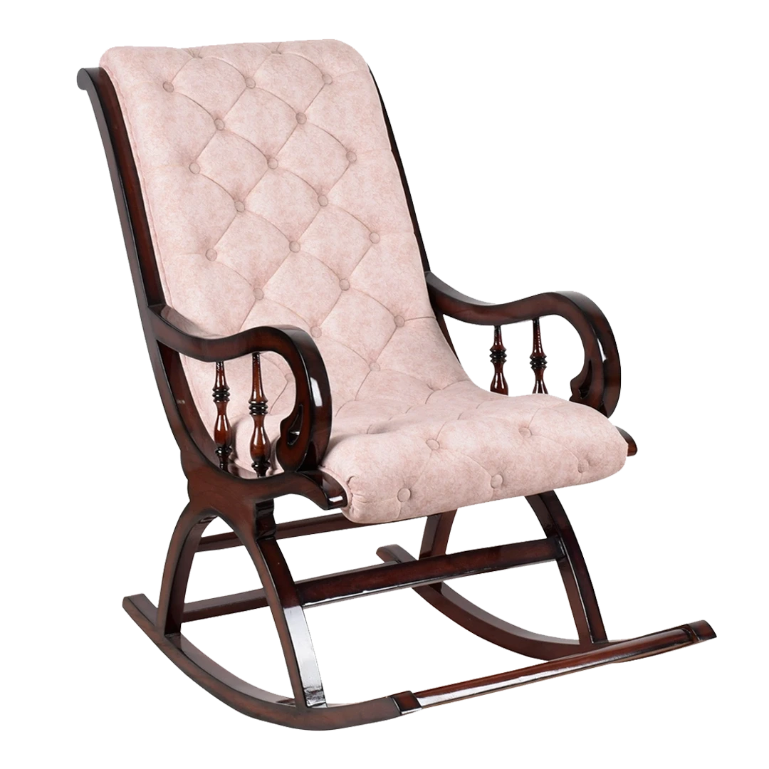 Touffy Fabric Upholstered Teak Wood Rocking Chair in Brown Ivory color 45° side view