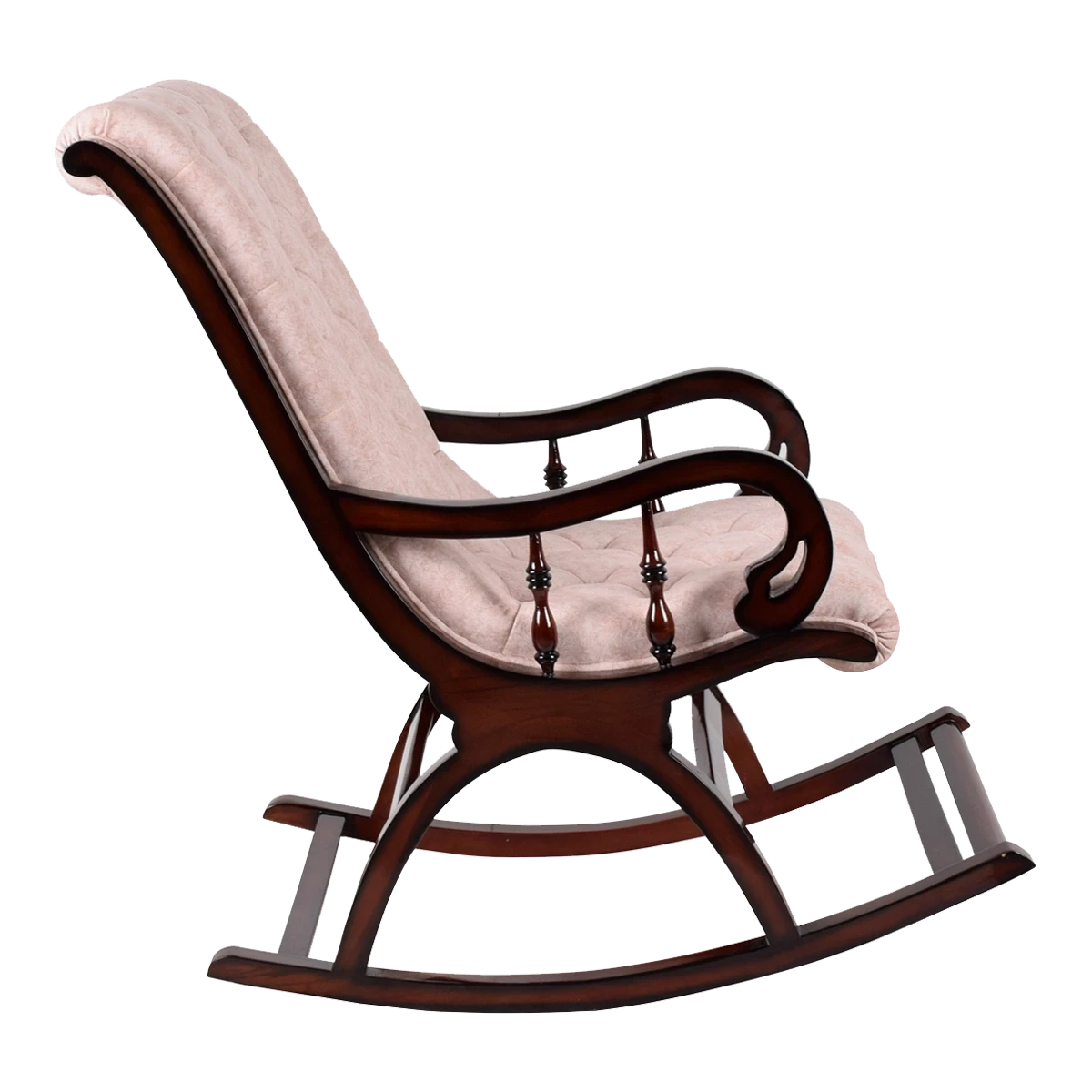 Touffy Fabric Upholstered Teak Wood Rocking Chair in Brown Ivory color side view
