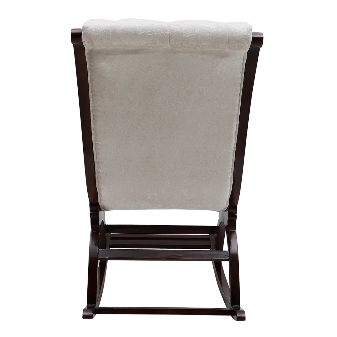 Touffy Fabric Upholstered Teak Wood Rocking Chair in Brown-Silver color back view