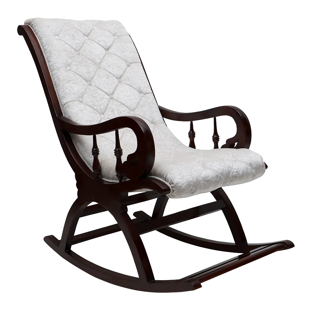 Touffy Fabric Upholstered Teak Wood Rocking Chair in Brown-Silver color 45° side view
