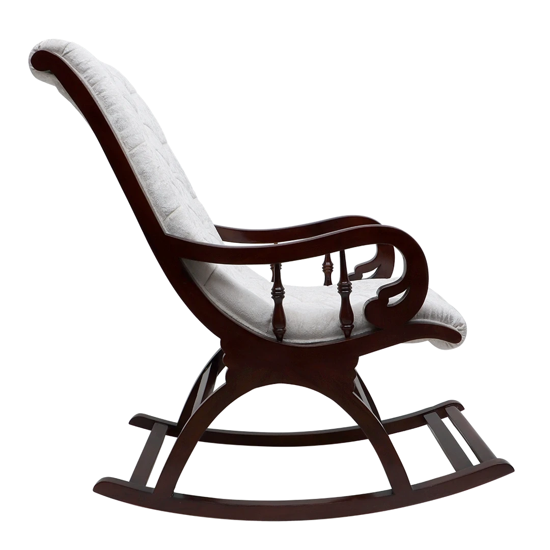 Touffy Fabric Upholstered Teak Wood Rocking Chair in Brown-Silver color side view