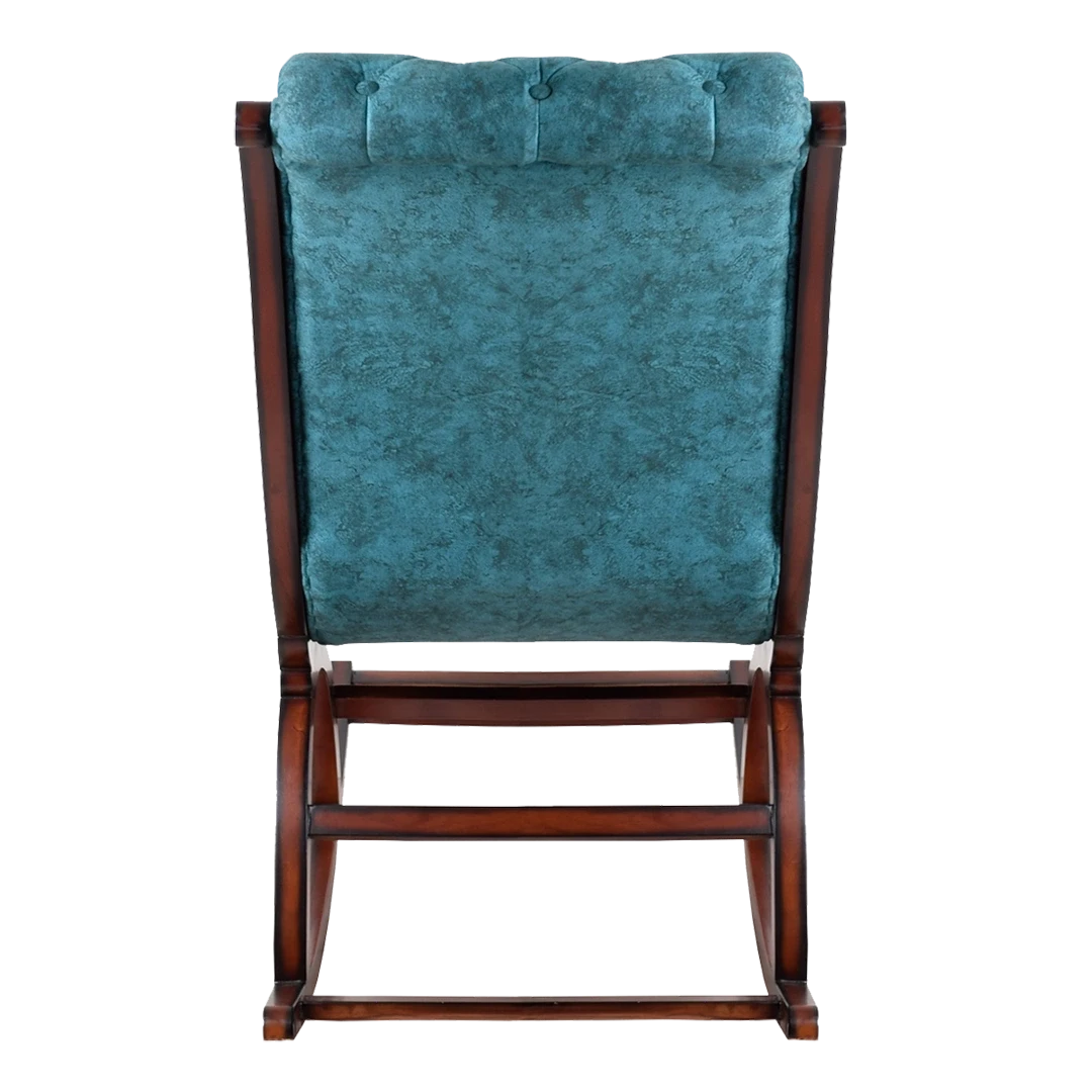 Touffy Fabric Upholstered Teak Wood Rocking Chair in Brown Turquoise color back view